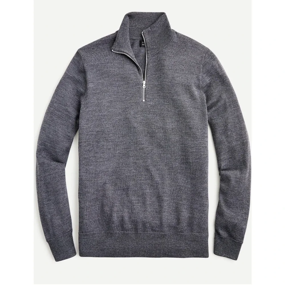 J Crew Mens Washable Merino Wool Sweater XL Grey 1/2 Zip Pullover Preppy Classic